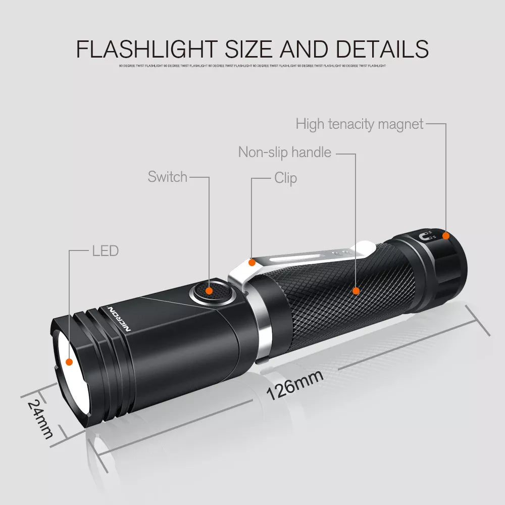 NICRON N9 LED Flashlight Tactical 90 Degree Twist 1000LM High Lumens  Waterproof IP65 Magnet Mini Torch Light Outdoor