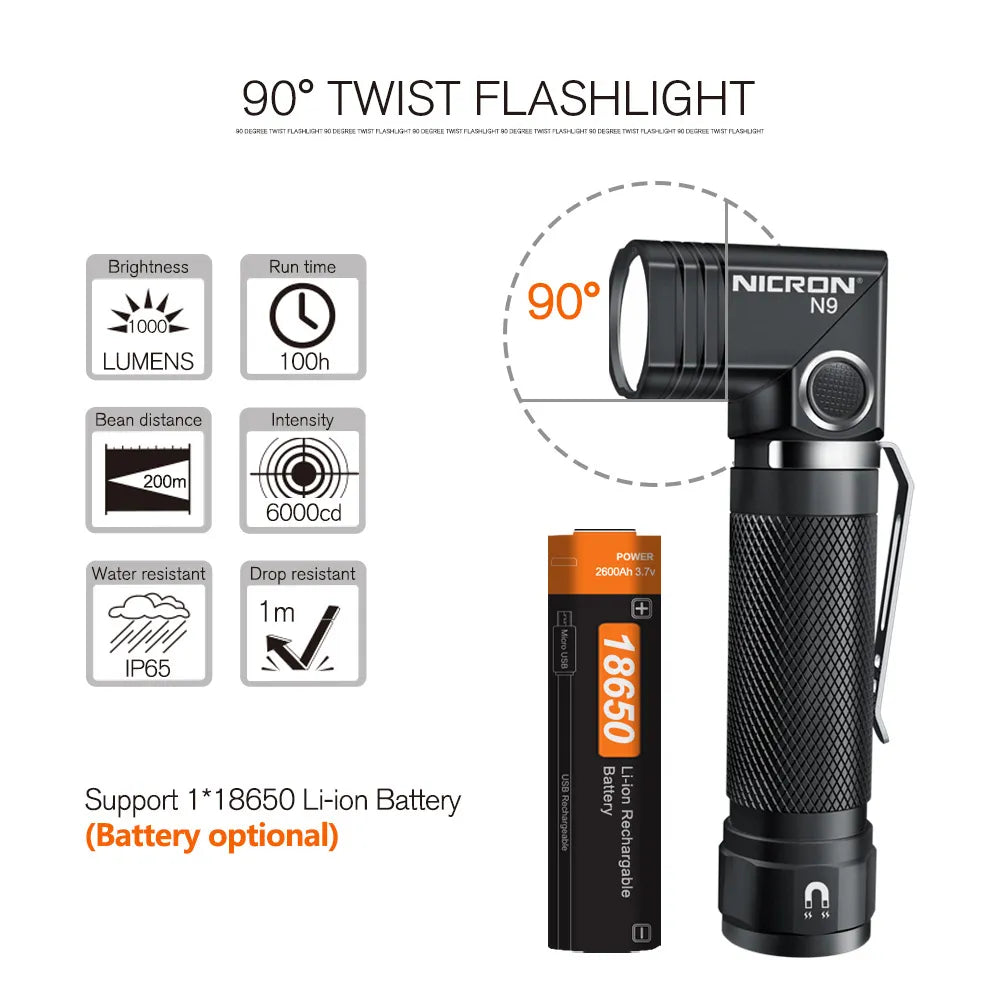 NICRON N9 LED Flashlight Tactical 90 Degree Twist 1000LM High Lumens  Waterproof IP65 Magnet Mini Torch Light Outdoor